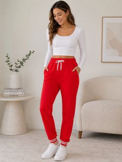 Red Jogger Sweatpants with White Stripe Cuffs