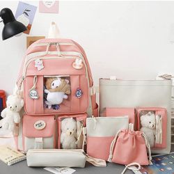 Kawaii Backpack with Kawaii Plushes and Pins 5Pcs Set Cute Backpack Travel Rucksack School Bag Aesthetic Backpack for Girls