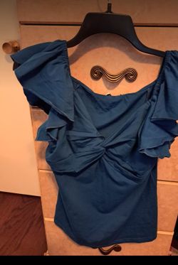 Womens Teal Blue Top Size L Scrunched Wrap Ruched Short Ruffle Sleeves Stretch