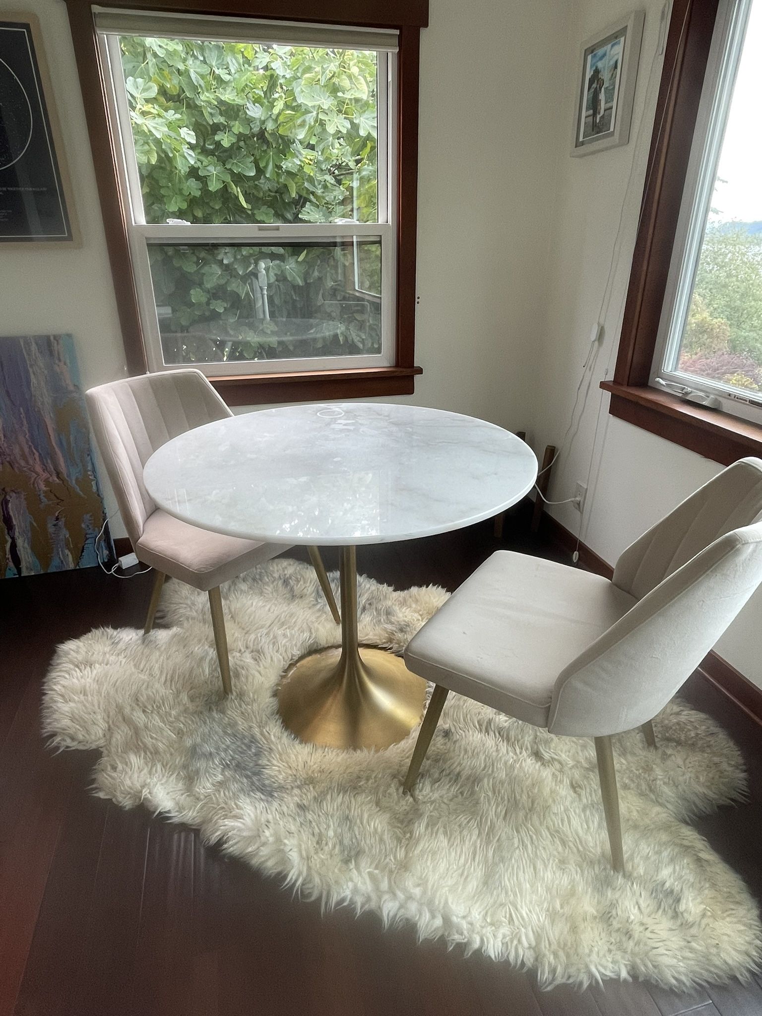 Marble Dining Table + 2 Velvet Chairs. Elegant World Market Set 