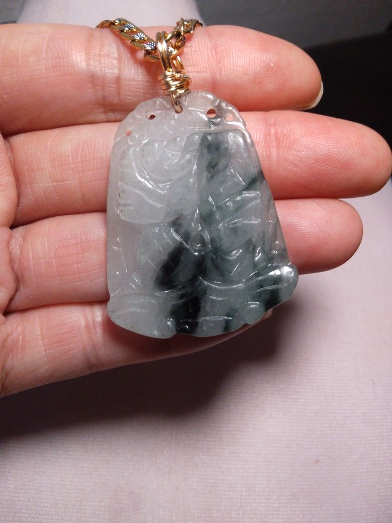 Vtg 1.75x1.3" High Translucent Grade A GREEN JADE JADEISTBlessing rose Hand 2 Sides Carved Trendmax Gold Filled Curb Chain 24"