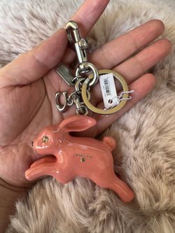 NWT Coach Bunny Rabbit Bag Charm Keychain  Silver Coral Pink CBH21