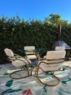 80s vintage Postmodern brass tubular and Glass dining table set style of Milo Baughman