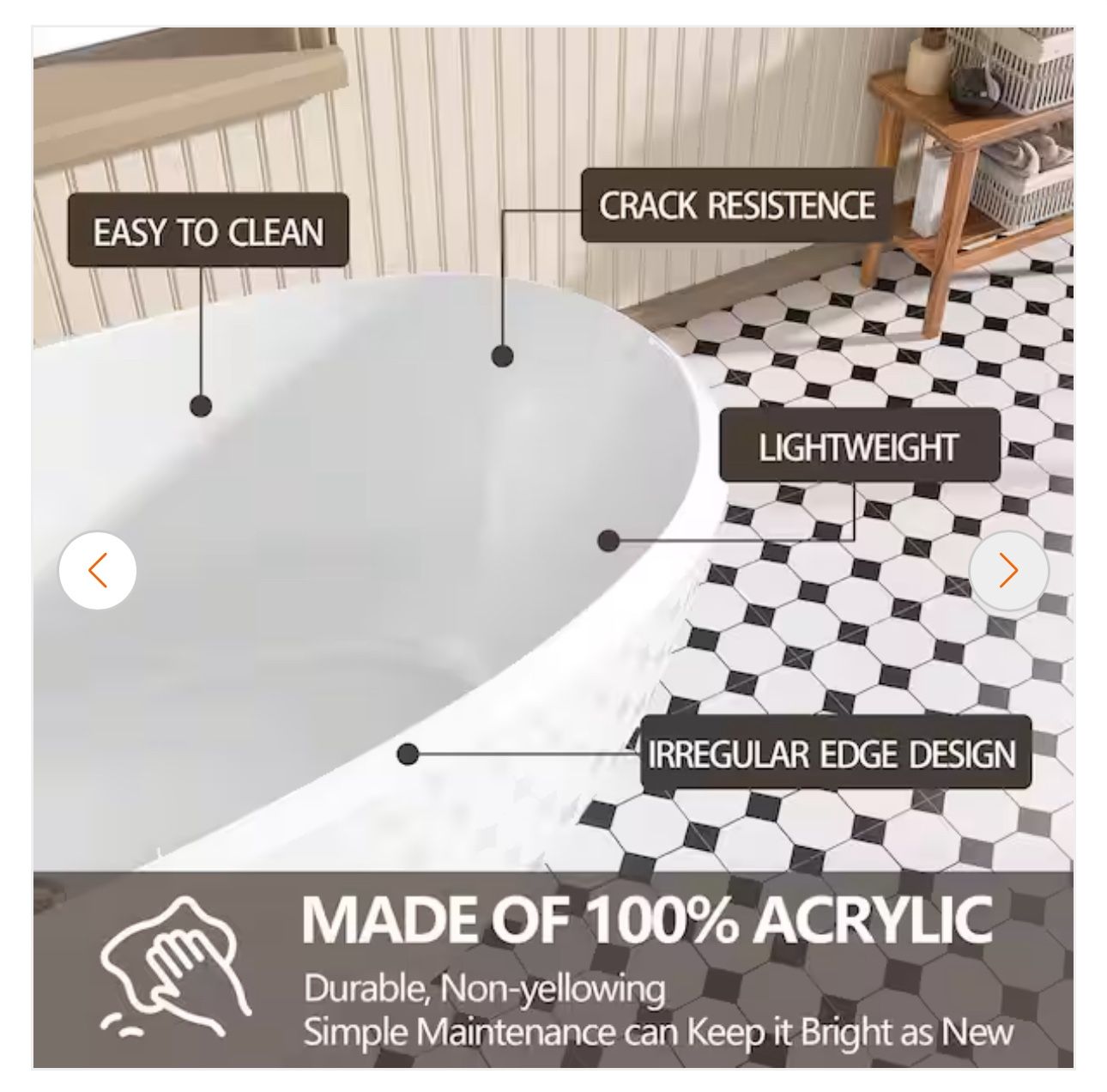 65 in. x 29.5 in. Acrylic Freestanding Flat Bottom Bathtub Soaking with Center Drain Free Standing Bathtub in White