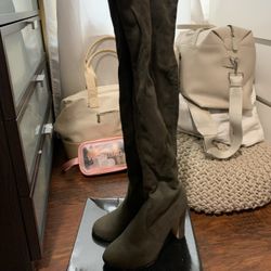 Army Olive Green Thigh High Boots Almond Toe With Chunky Heels