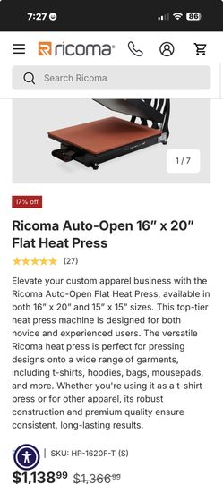 Ricoma Auto-Open 16" × 20" Flat Heat Press