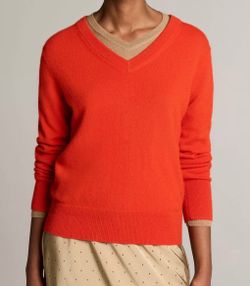 Women’s XS Orange V-Neck Knit Sweater with Contrast Trim