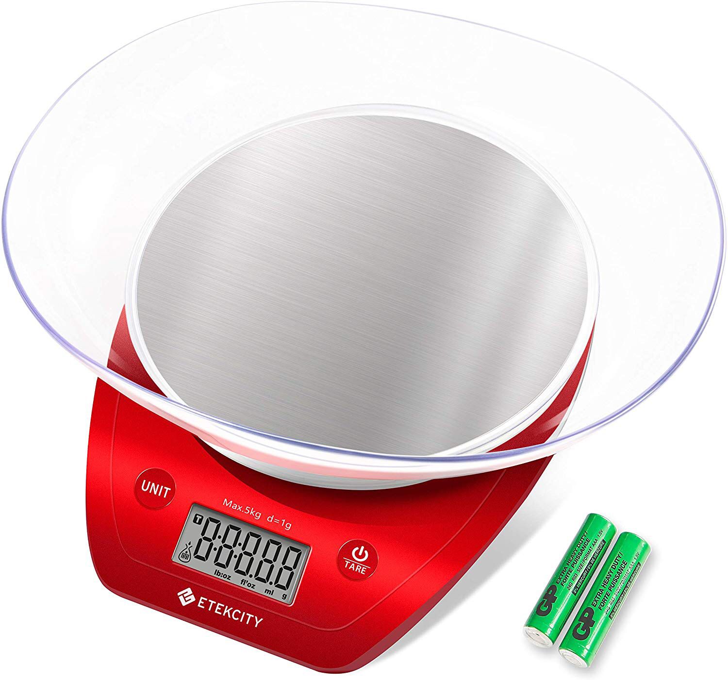 Etekcity Food Kitchen Scale Digital Weight Grams and Oz, Removalble Bowl for Cooking and Baking, Red/Stainless Steel
