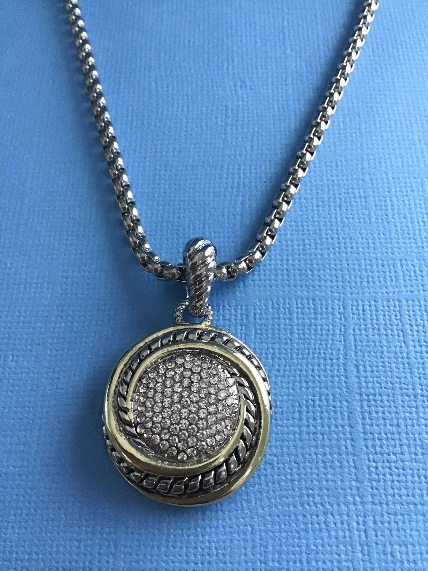 Sparkling CZ Pendant With Adjustable 16” to 18” Chain Silver w/Gold Trim *Pickup Boca Raton Or ship Nationwide