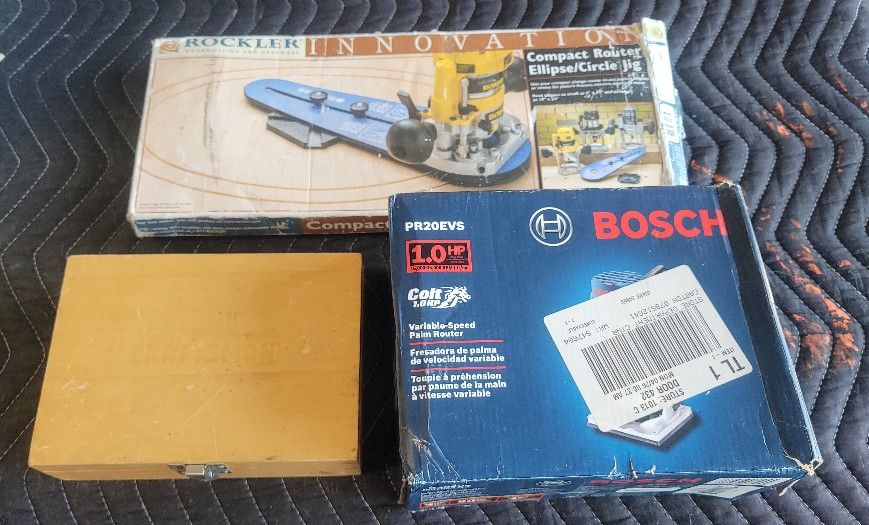 BOSCH COLT ROUTER , ROCKLER & JASPER CIRCLE JIG AND CRAFTSMAN ROUTER BIT SET