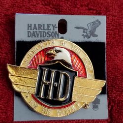 Vintage Harley Davidson Eagles Head Round Gold Tone Large Pin. Signed. H720G LP. 