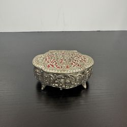 Decorative Ornate Round Metal Collectible Trinket Box with Red Lined Interior