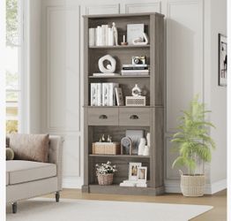 71.8” TALL BOOKSHELF WITH 2 DRAWER, 5 TIER BOOKCASE WITH ADJUSTABLE SHELVES FOR LIVING ROOM STUDY HOME OFFICE, BROWN