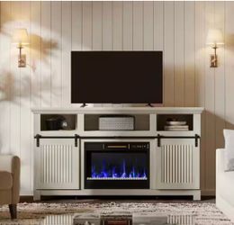 Farmhouse 61 in. Freestanding Electric Fireplace TV Stand fits TV up to 65 in. with Remote Control in Wash White