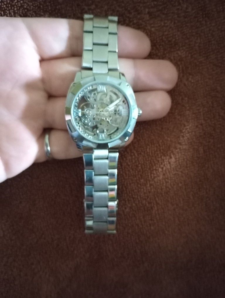 Silver & Stainless Steel Skeleton Style, Swiss Made Timepiece