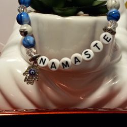 Namaste Elastic Bracelet Silver Rhinestone Evil Eye Hamsa Hand
