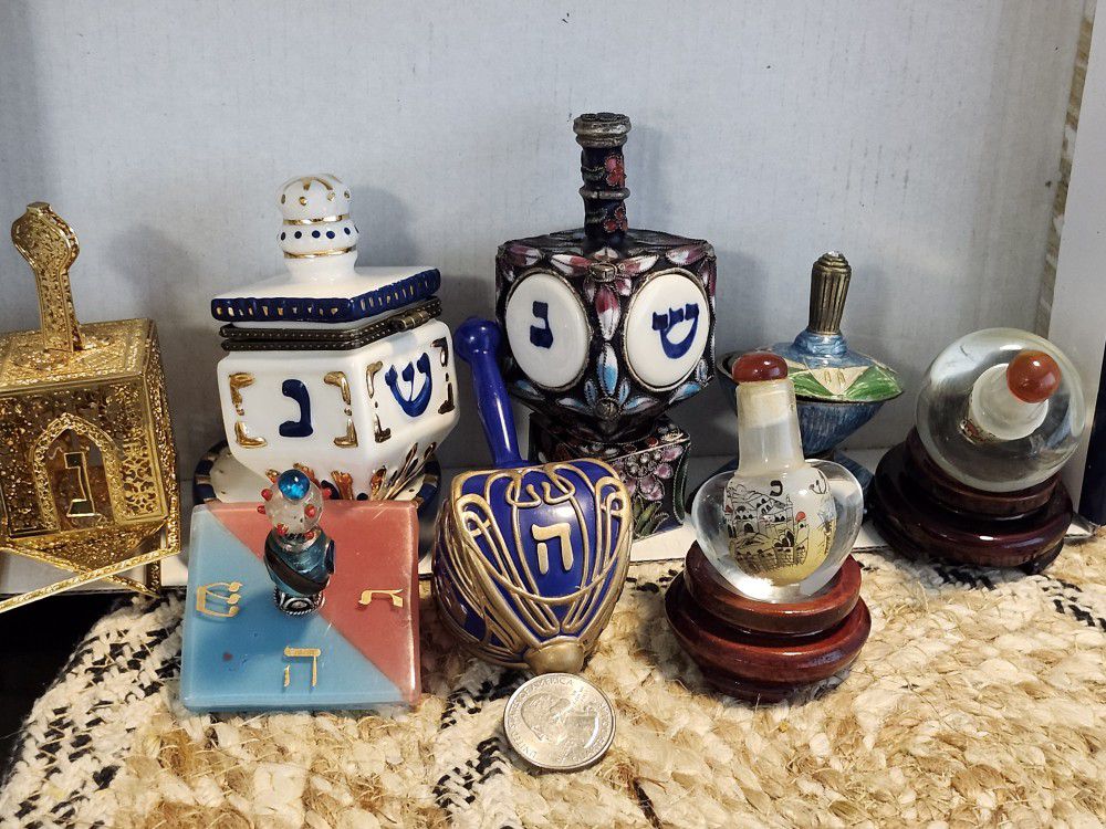 Vintage Jewish Dreidel Enamel over Solid Pewter Base Crystals  Porcelain Lot 
