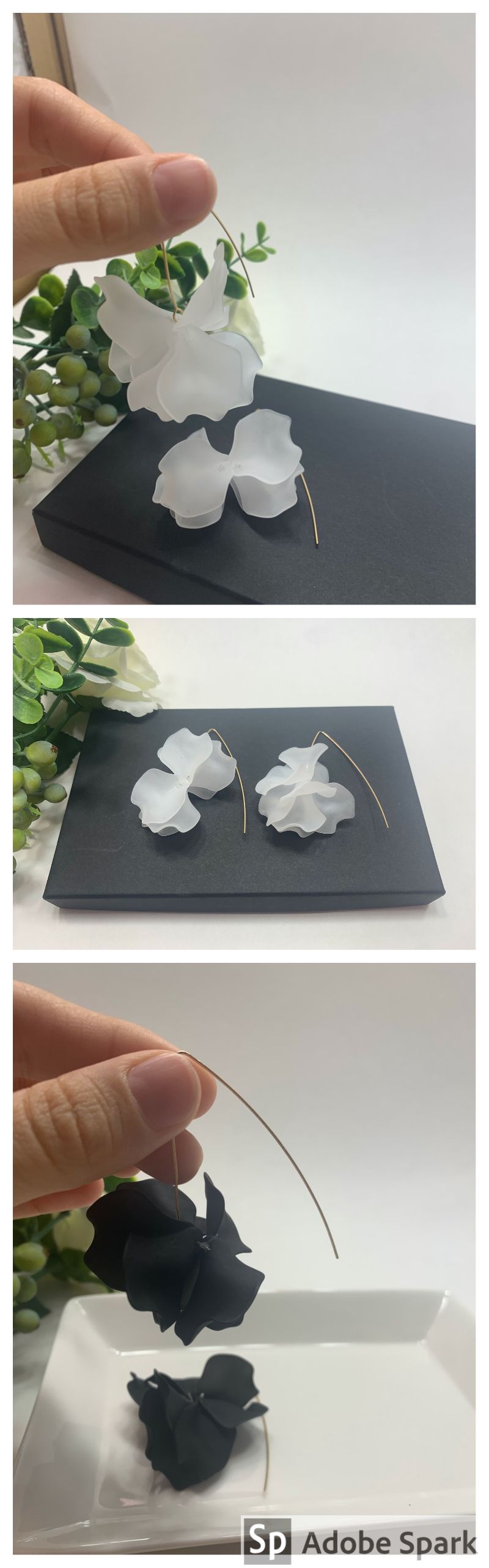 Resin Flower Long Earrings , Black and White (Set of 2)