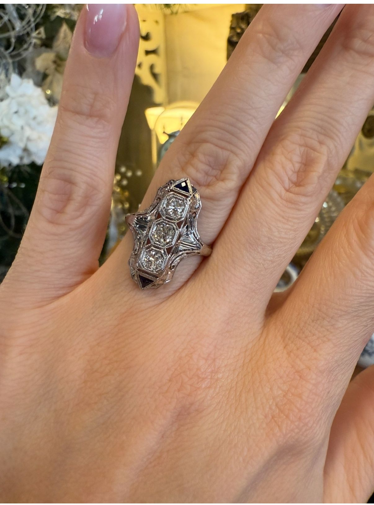18K Gold Art Deco Ring With Natural Diamonds And Trillion Cut Sapphires
