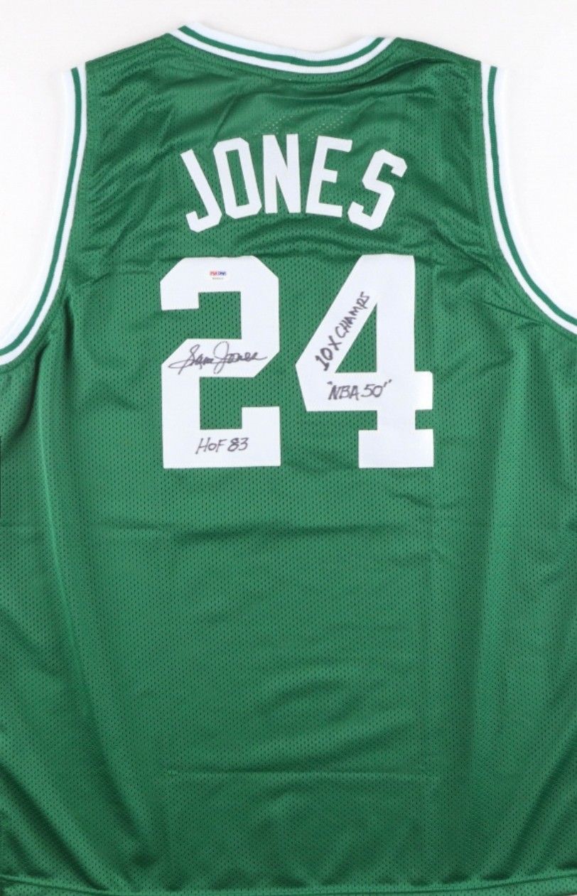 Boston Celtics Sam Jones Signed Jersey Inscribed "HOF 83", "10X Champs" & "NBA 50" (PSA Certified)