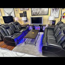 Power Electric Black Leather Fully Reclining Couch Set