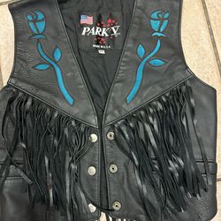 Vintage Ladies, Black Leather Fringed Lined Biker Vest At