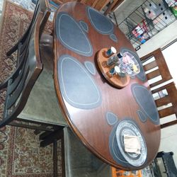 6 Person Wood Table with Grey Leather Seat Chairs