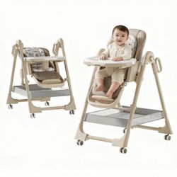 Convertible Baby High Chair Infant Feeding Chair Basic Chair Foldable Highchair with Wheels&Removable Tray,PU Leather,Adjustable Height for Babies and