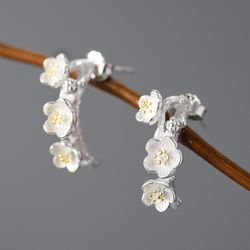 Sterling Silver Plum Blossom Hoop Earrings