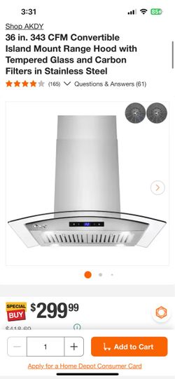 Shop AKDY 36 in. 343 CFM Convertible Island Mount Range Hood w and Carbon Filters in Stainless Steel