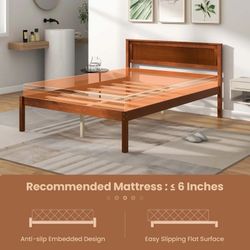 Costway Full Size Wooden Platform Bed Frame with Headboard Mattress Foundation Walnut