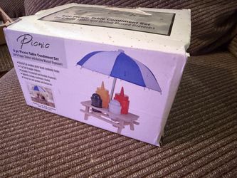 Mini Wooden Picnic Table Condiment Holder Caddy Set (6-Pc NIB)