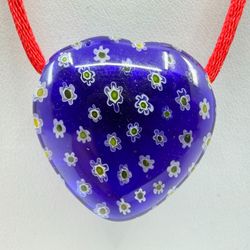 Blue Millefiori Glass Heart Pendant Necklace with Red Cord - Boho Chic