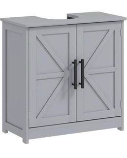 Newly assembled Pedestal Sink Storage Cabinet 2 Barn Doors Dark Gray Farmhouse Freestanding