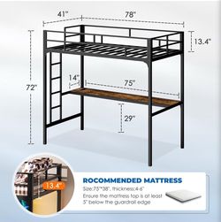 Metal Loft Bed Frame with Desk Twin