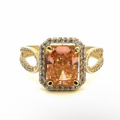 Woman’s Ladies 14k Yellow Gold Emerald Cut Peach Colored CZ Cubic Zirconia Halo Design Ring Size 7.5 GP3098203