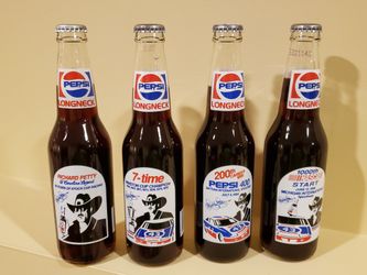 Set of 4 RARE NASCAR RICHARD PETTY PEPSI LONGNECK COMMEMORATIVE FULL BOTTLES