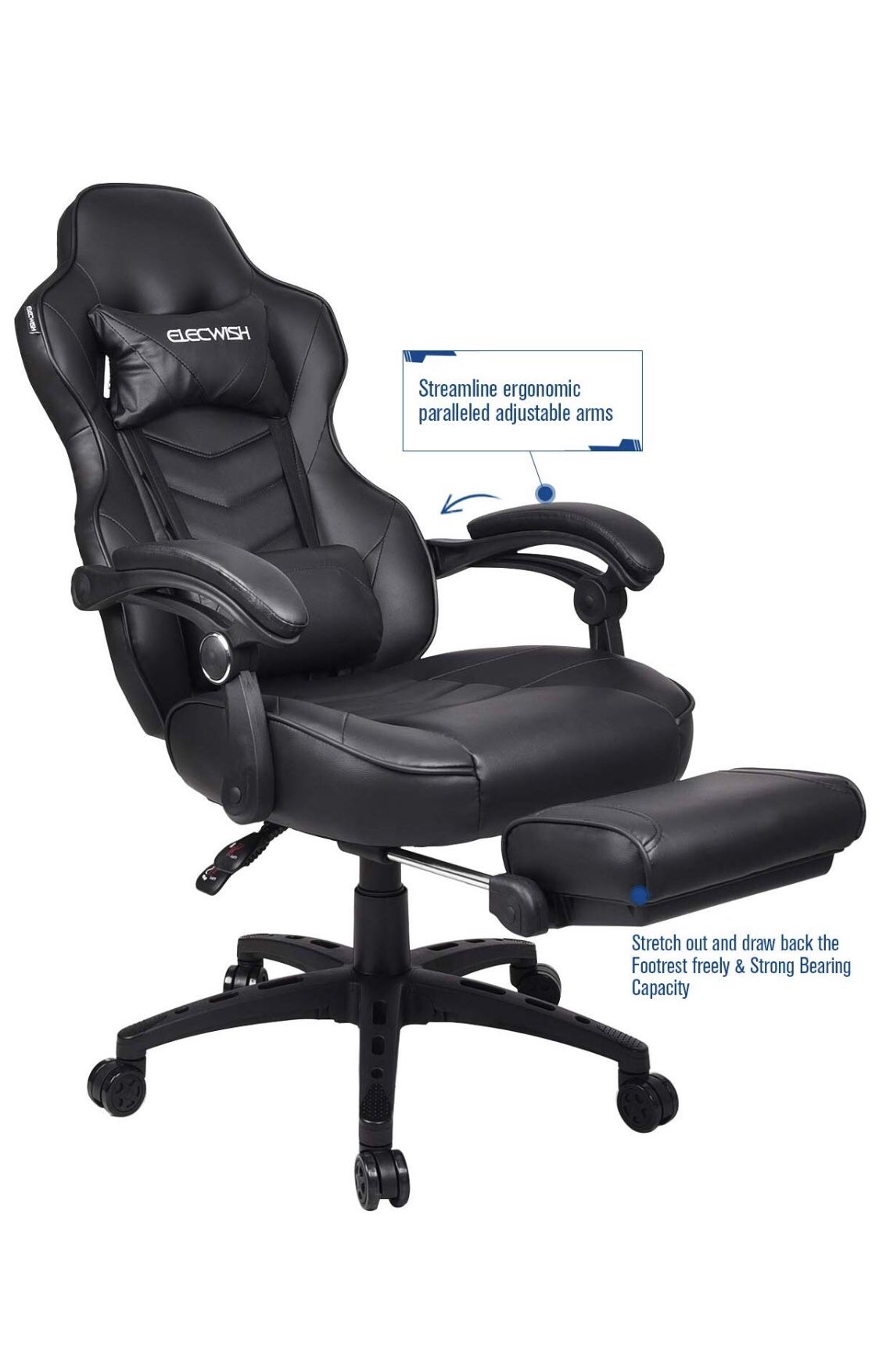 ELECWISH Ergonomic Computer Gaming Chair, PU Leather High Back Office Racing Chairs with Widen Thicken Seat and Retractable Footrest and Lumbar Suppo