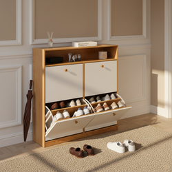 Homy Casa Liora Modern Shoe Cabinet with 4 Tilt-Out Drawers, White & Natural