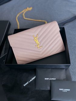 Yves Saint Laurent Monogram Card Case Grain Embossed Leather Pale Pink Gold  YSL
