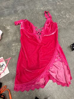 Pink Velvet Lace Trim Babydoll Lingerie Set