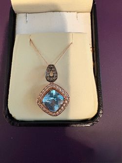 Blue Topaz Diamond Halo Rose Gold Pendant Necklace