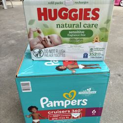 Pampers Diapers Size 6, & Huggies Wipes 