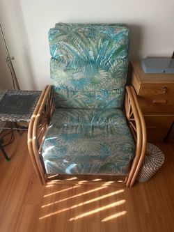 Rattan Lounge Chair with Tropical Print Cushions