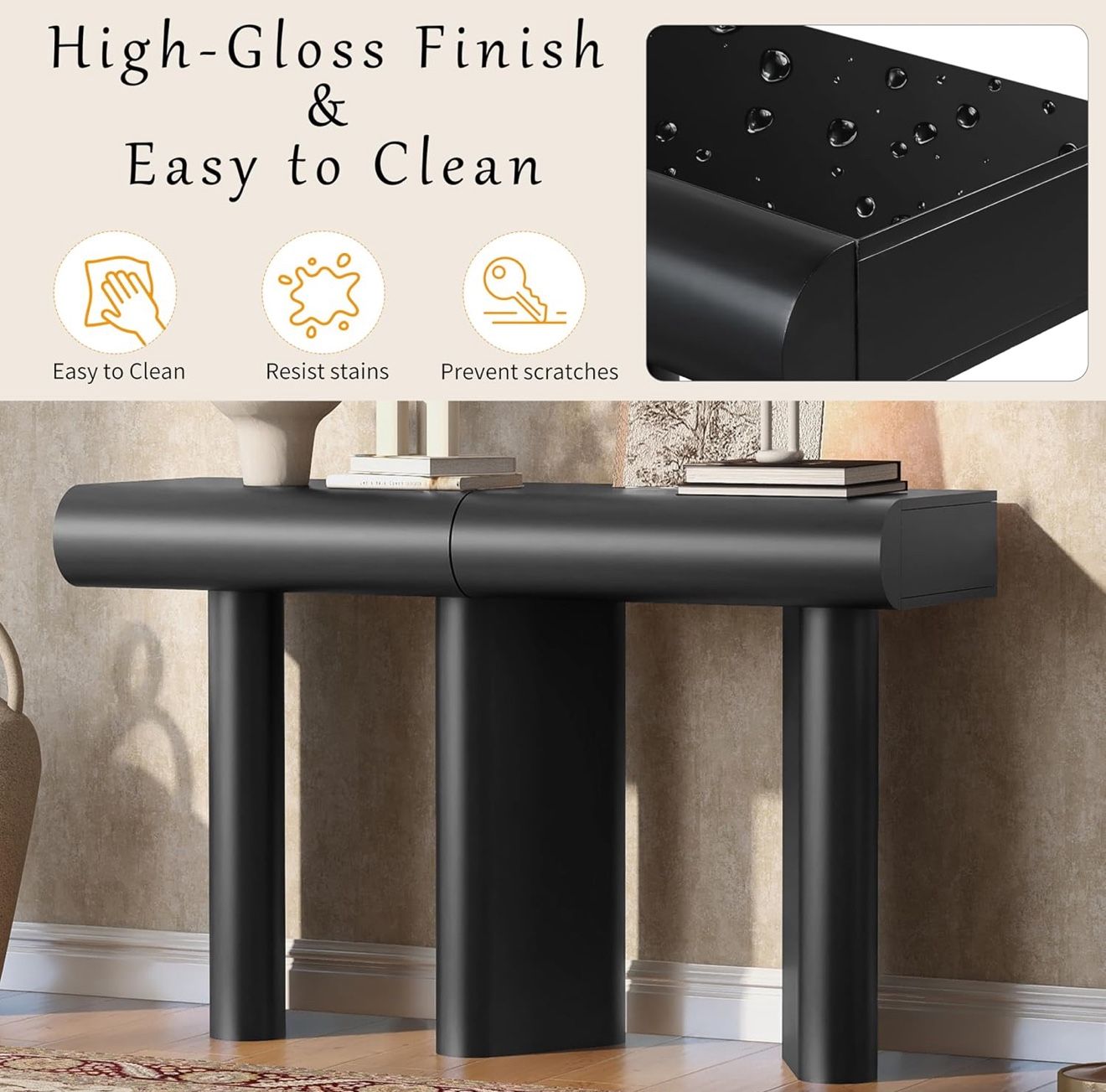 47.6" Modern Black Console Table with Curved Drawers & Geometric Legs, Entryway Sofa Table for Living Room, Hallway, Foyer, Small Apartments 