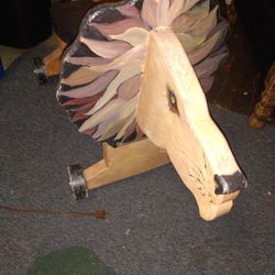 Very Old Wooden Lion On Wheels/Rocker