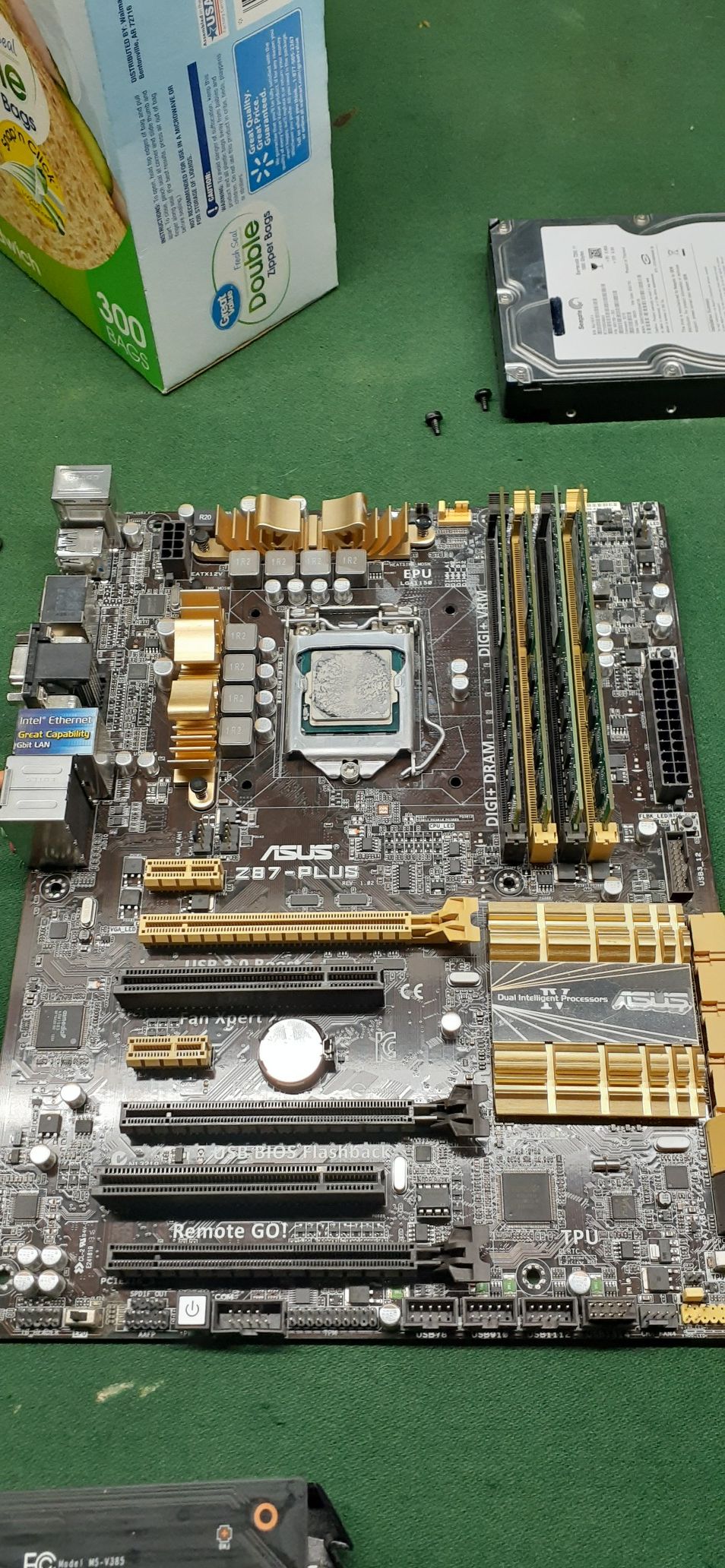 Computer parts GPU, Processor and Motherboard.