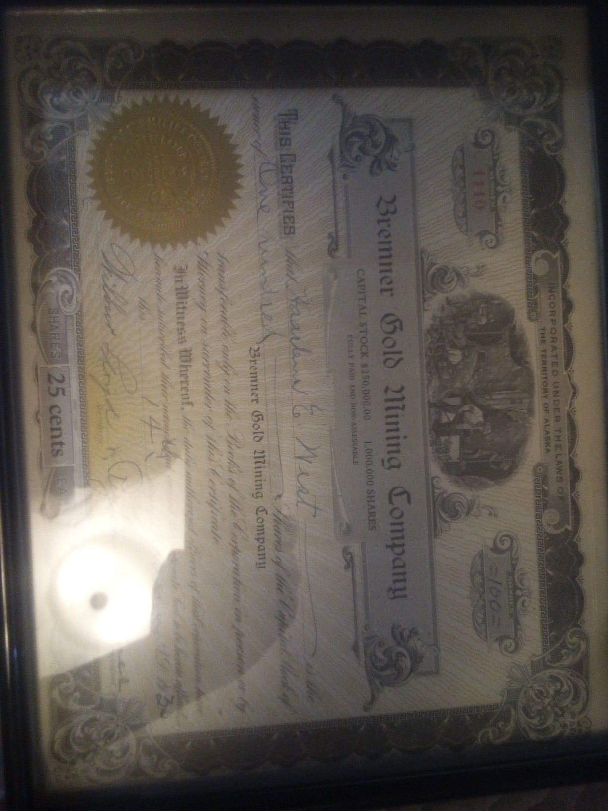 Antique Alaska gold mining stalk certificate 1931