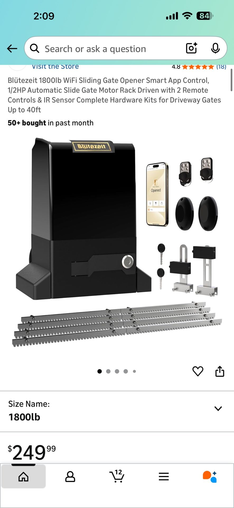 Blutezeit 1800lb WiFi Sliding Gate Opener Smart App Control, 1/2HP Automatic Slide Gate