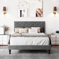 Full Size Velvet Bed with Adjustable Upholstered Headboard
